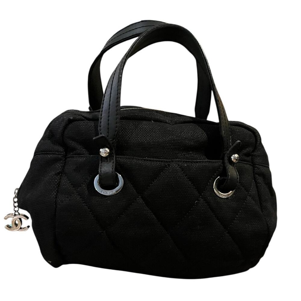Chanel Biarritz Black Quilted Canvas Bowler Bag with Silver Hardware